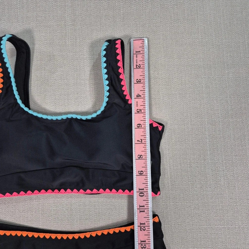 Girls Black High Waisted Bikini Set Neon Rickrack Trim Size 12Y-13Y 2XL